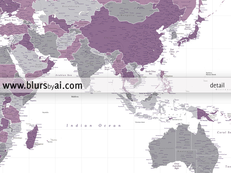 Custom world map print - highly detailed map with cities in purple and gray. "Aubergine"