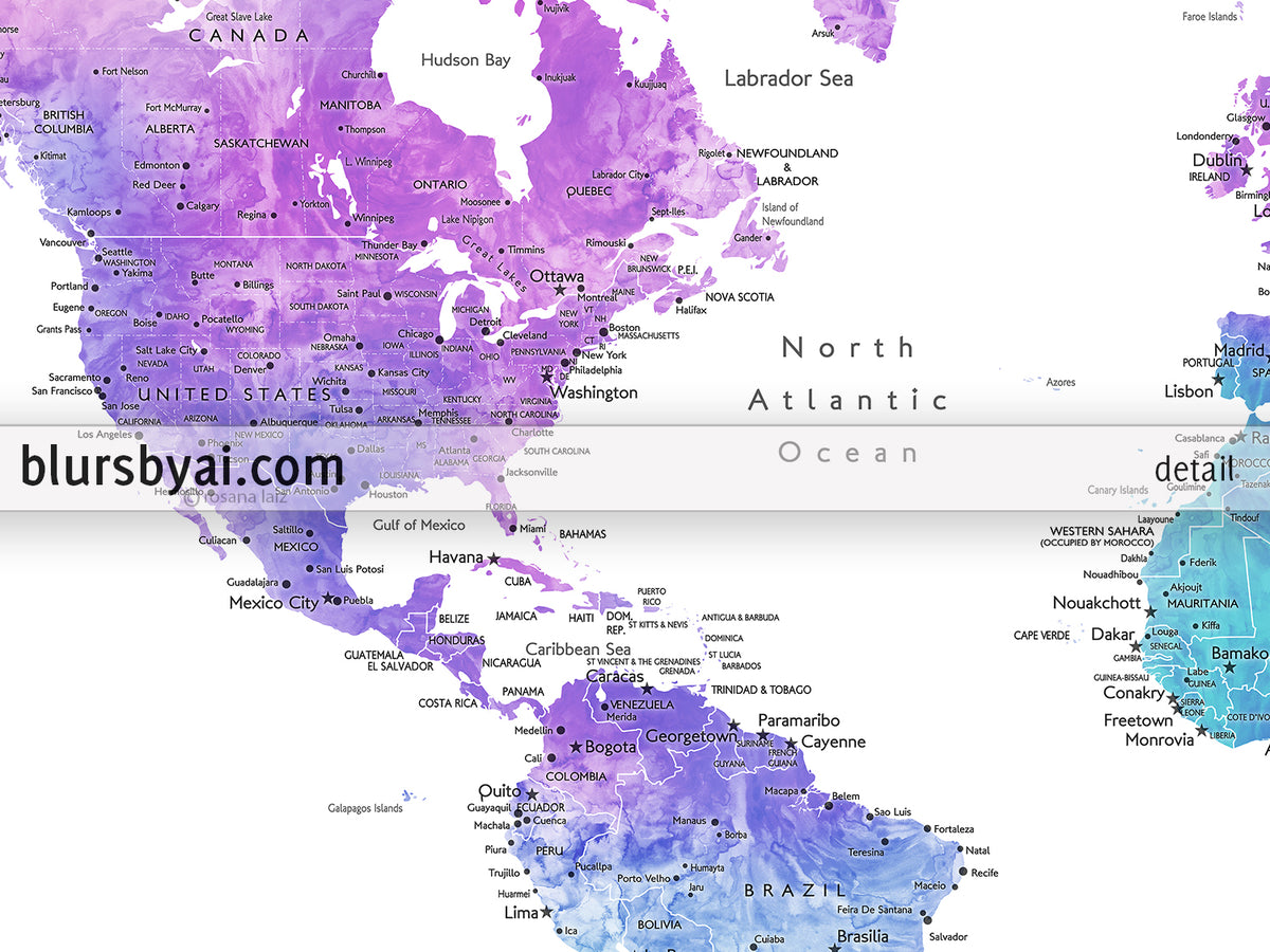 Custom print: world map with cities in bright blue, purple and teal watercolor. "Violetta"