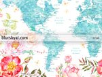 Aquamarine watercolor floral world map canvas print or push pin map. "Tropical floralscape"