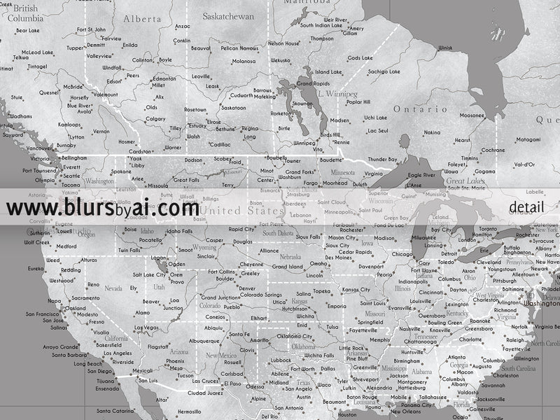 Multi panel, custom highly detailed world map print - Grunge grayscale world map with cities. "Valentina"