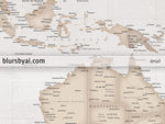 Custom large & highly detailed, rustic world map canvas print or push pin map. "Lucille"