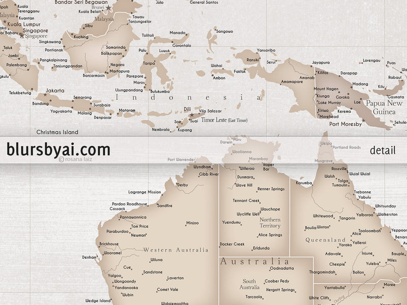 Custom large & highly detailed, rustic world map canvas print or push pin map. "Lucille"