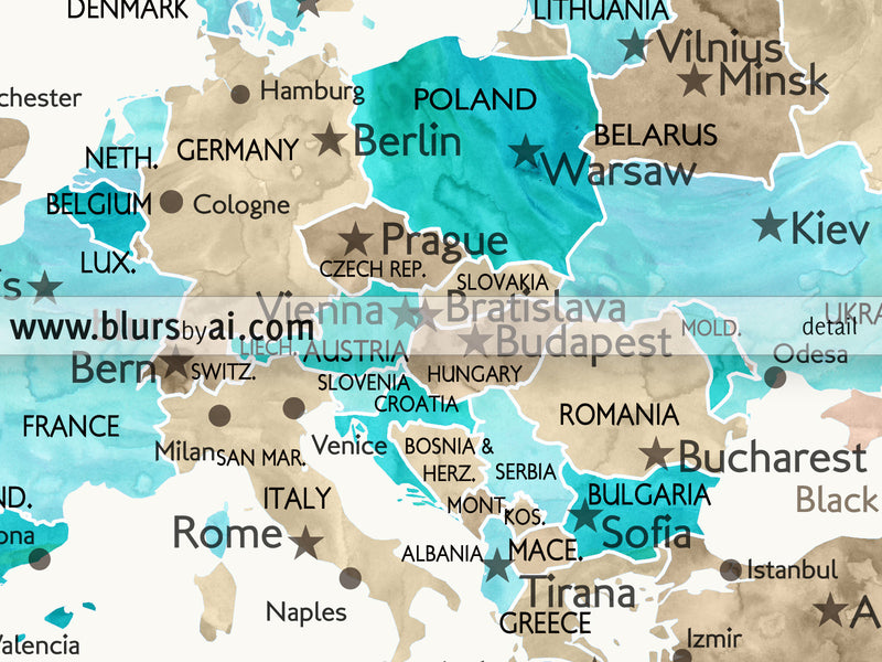Custom quote printable world map with cities, capitals, countries, US States... labeled. Color combination: Kian