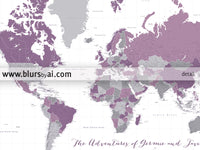 Custom world map print - highly detailed map with cities in purple and gray. "Aubergine"