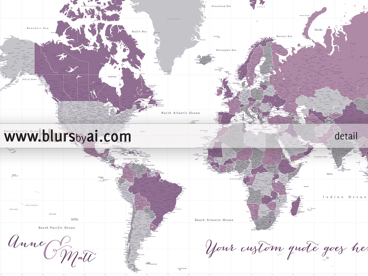 Custom world map print - highly detailed map with cities in purple and gray. "Aubergine"