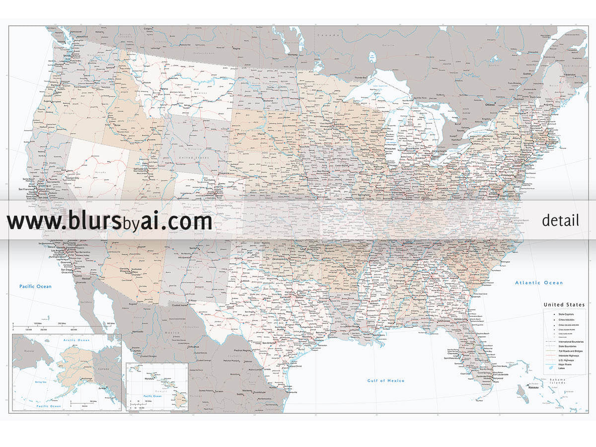 Custom US map print: highly detailed map of the US with roads. "Lincoln"