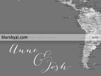 Custom print: world map with cities in gray watercolor and grey background. "Asher"