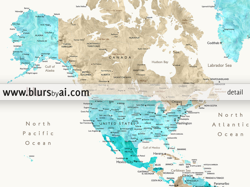 Custom quote printable world map with cities, capitals, countries, US States... labeled. Color combination: Kian