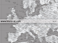 Multi panel, custom highly detailed world map print - Grunge grayscale world map with cities. "Valentina"