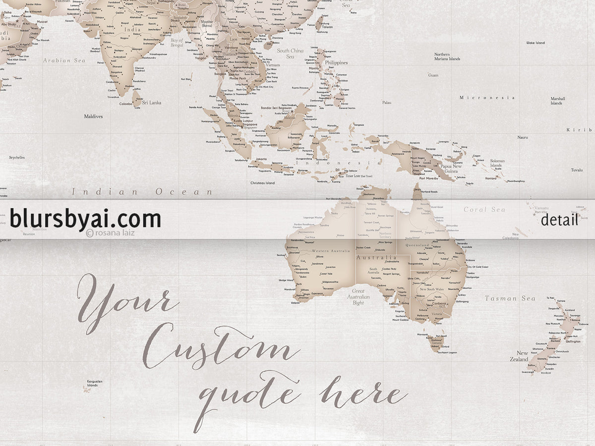 Multi panel, custom highly detailed world map print - Rustic world map with cities. "Lucille"