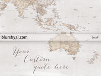 Multi panel, custom highly detailed world map print - Rustic world map with cities. "Lucille"