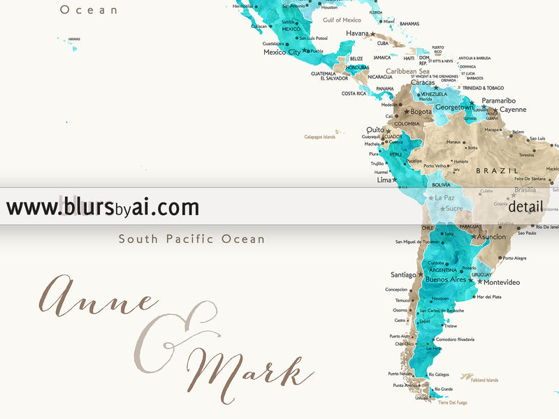 Custom quote printable world map with cities, capitals, countries, US States... labeled. Color combination: Kian