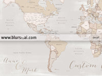 Custom print: rustic world map with countries and states in distressed neutrals. "Lucille"