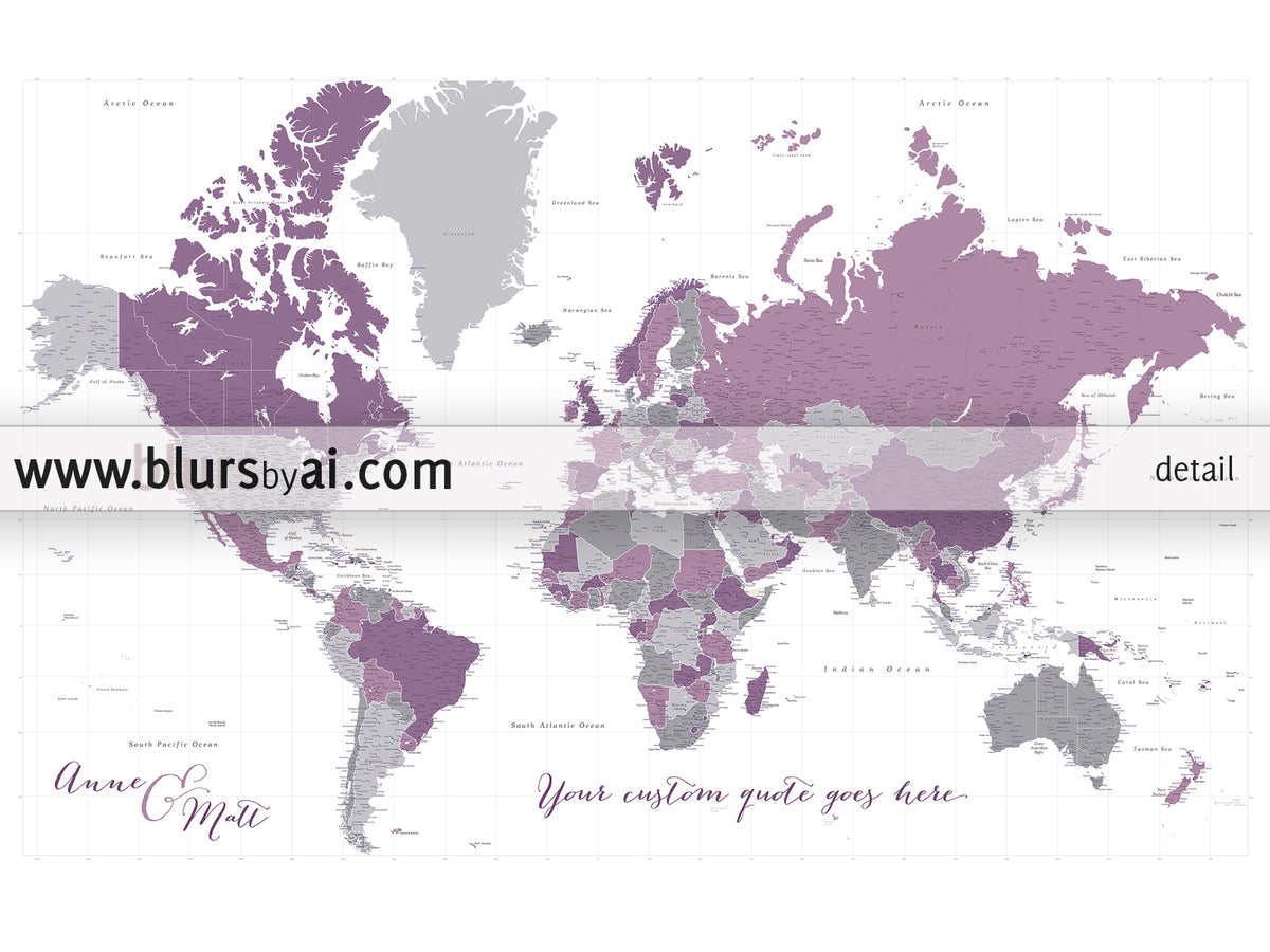 Custom world map print - highly detailed map with cities in purple and gray. "Aubergine"