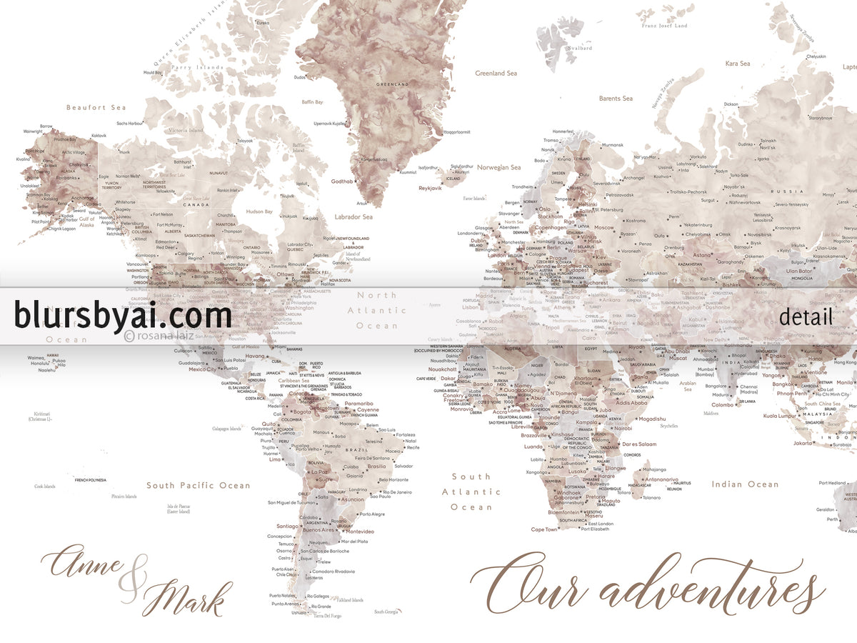 Custom print: world map with cities in neutral watercolor. "Abey"