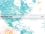 Aquamarine watercolor floral world map canvas print or push pin map. "Tropical floralscape"