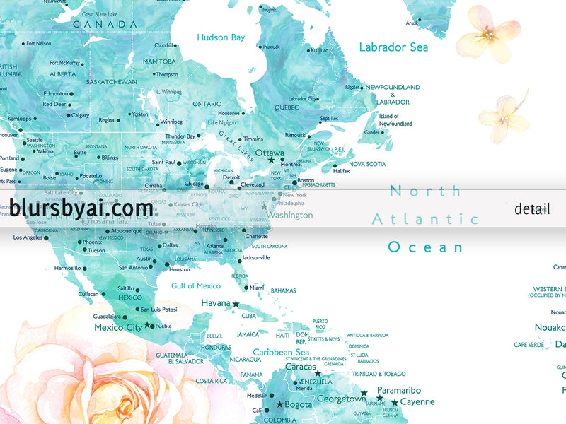 Aquamarine watercolor floral world map canvas print or push pin map. "Tropical floralscape"