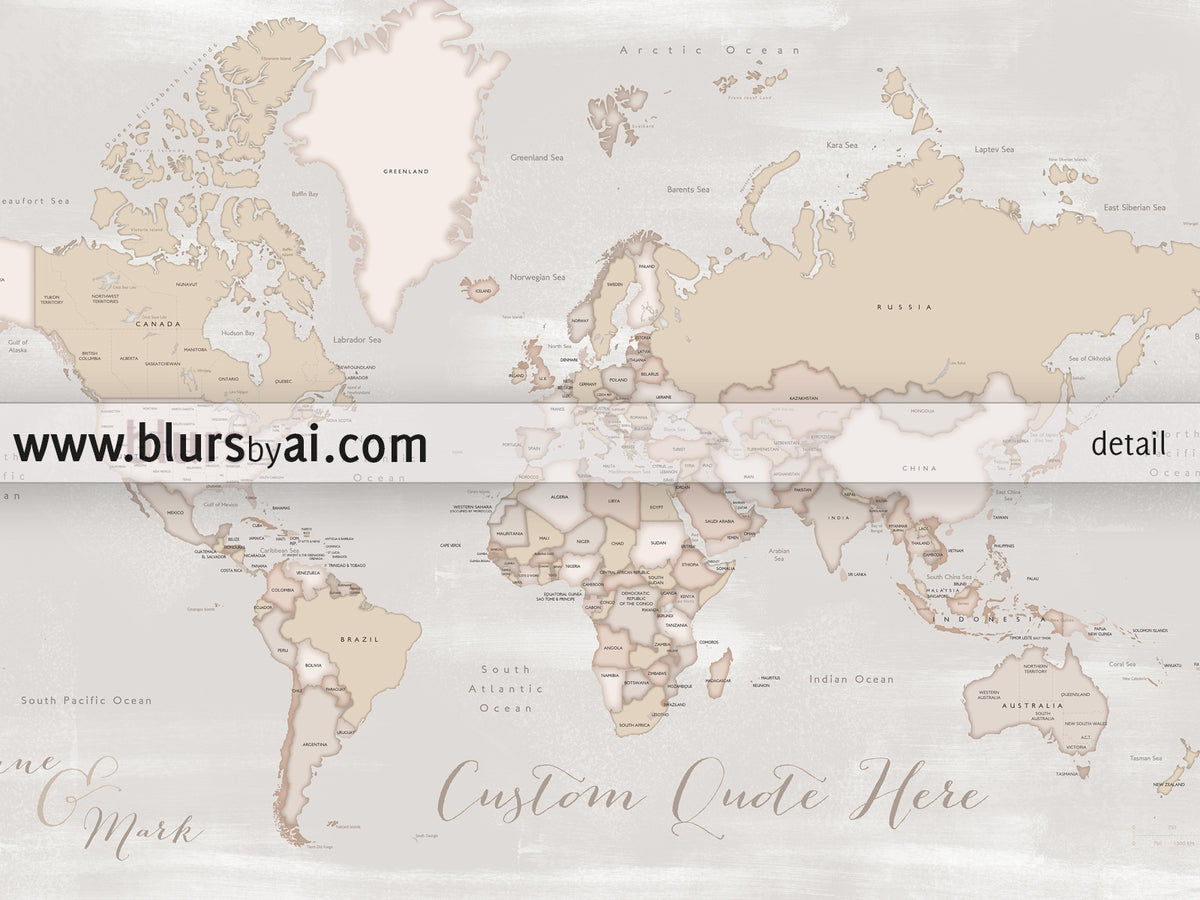 Custom print: rustic world map with countries and states in distressed neutrals. "Lucille"