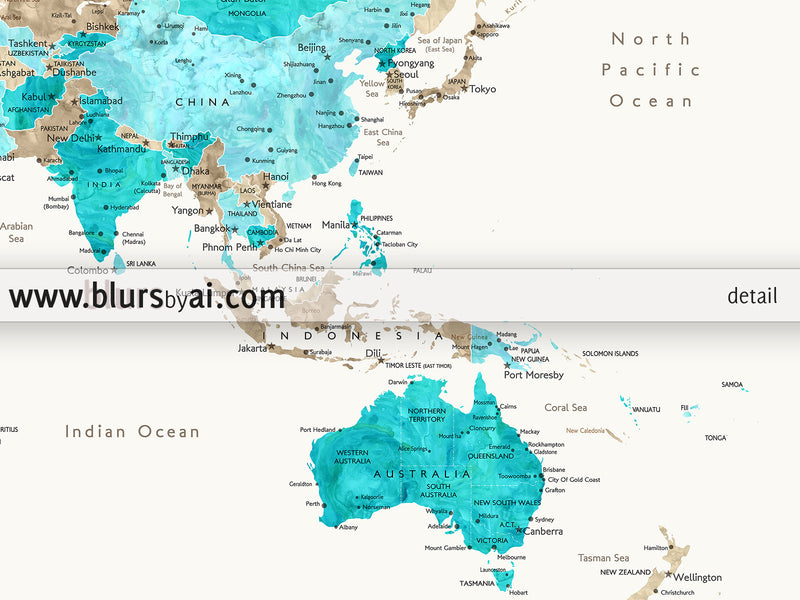 Custom quote printable world map with cities, capitals, countries, US States... labeled. Color combination: Kian