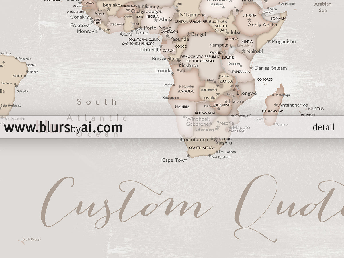 Custom print: rustic world map with cities in distressed neutrals. "Lucille"