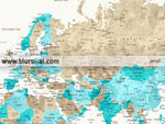 Custom quote printable world map with cities, capitals, countries, US States... labeled. Color combination: Kian