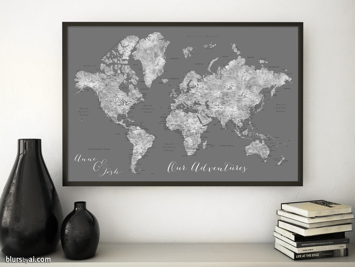 Custom print: world map with cities in gray watercolor and grey background. "Asher"