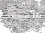 Custom world map with US state capitals, cities, states and countries, canvas print or push pin map in grayscale watercolor . "Jimmy"