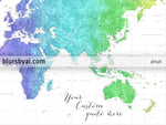 Custom large & highly detailed world map canvas print or push pin map, colorful gradient watercolor. "Jude"