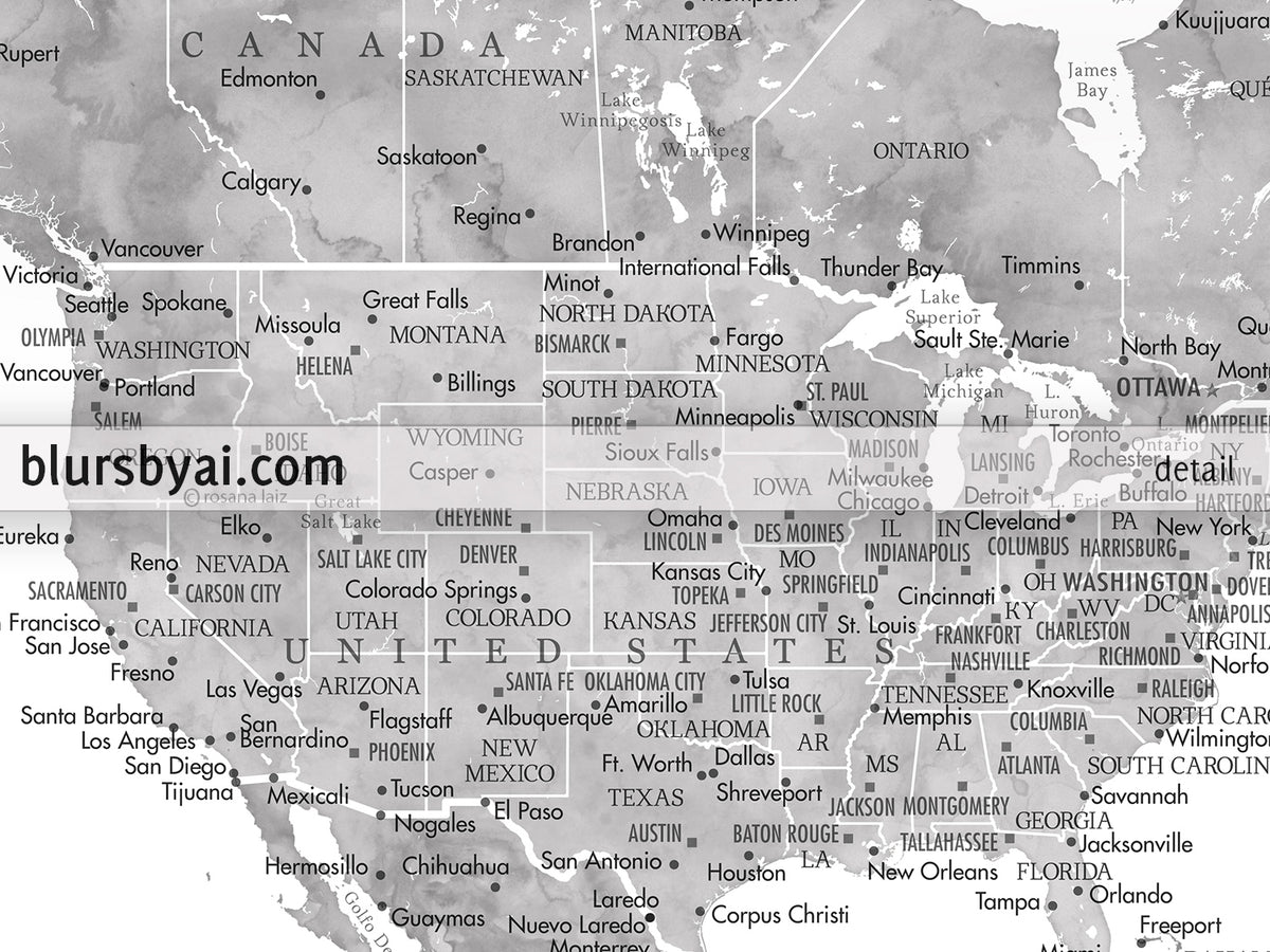 Art print on paper: custom world map with state capitals, cities and countries in grayscale watercolor. "Jimmy"