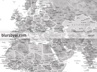 Art print on paper: custom world map with state capitals, cities and countries in grayscale watercolor. "Jimmy"