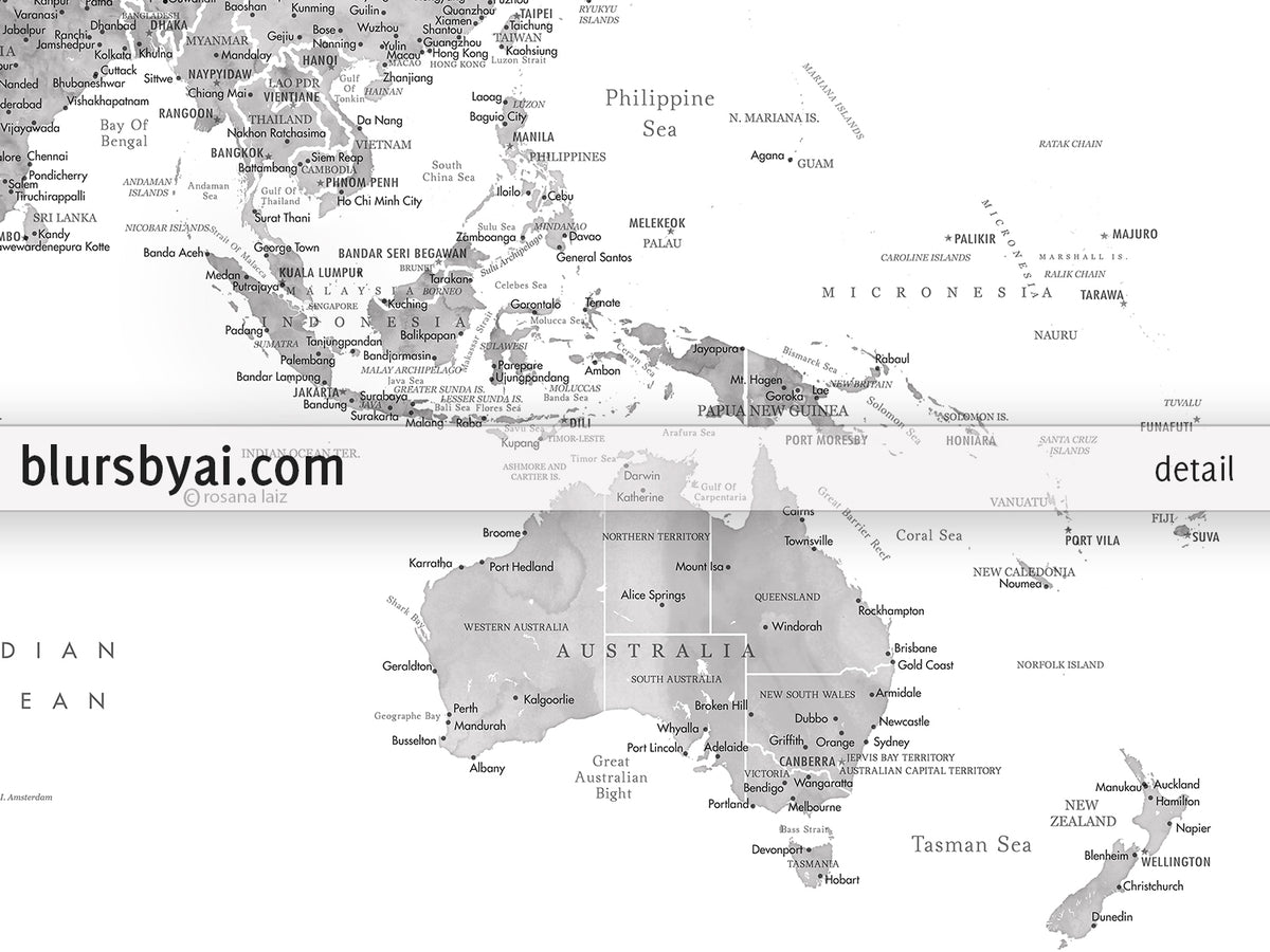 Art print on paper: custom world map with state capitals, cities and countries in grayscale watercolor. "Jimmy"