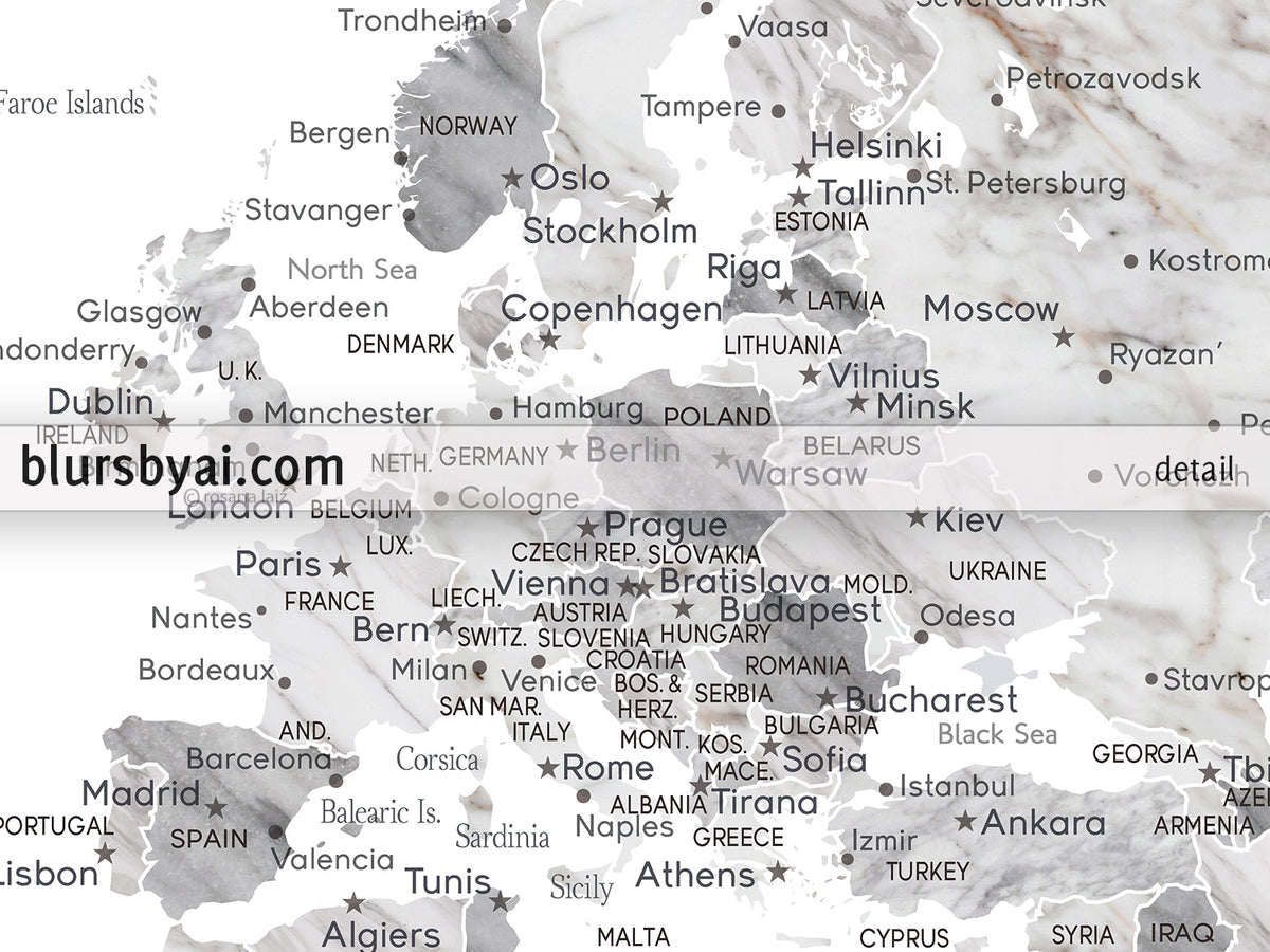 Custom print: marble world map with cities in light grey. "Clare"