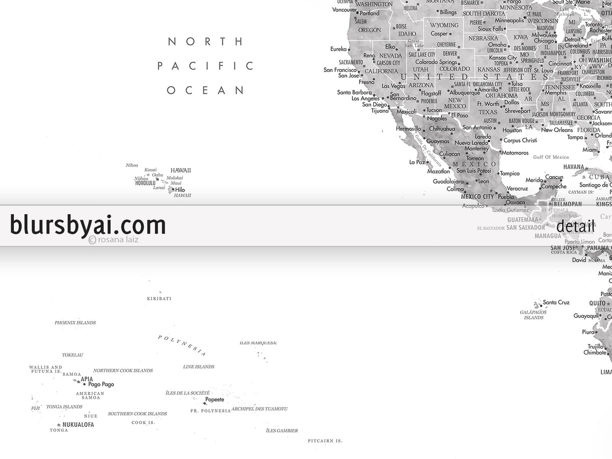 Art print on paper: custom world map with state capitals, cities and countries in grayscale watercolor. "Jimmy"