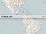Custom large & highly detailed world map canvas print or push pin map, muted aqua and brown, "Tiara"