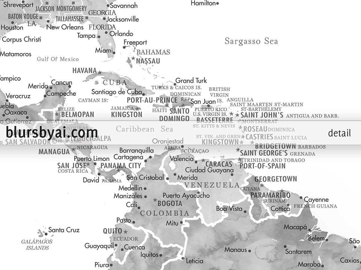 Art print on paper: custom world map with state capitals, cities and countries in grayscale watercolor. "Jimmy"