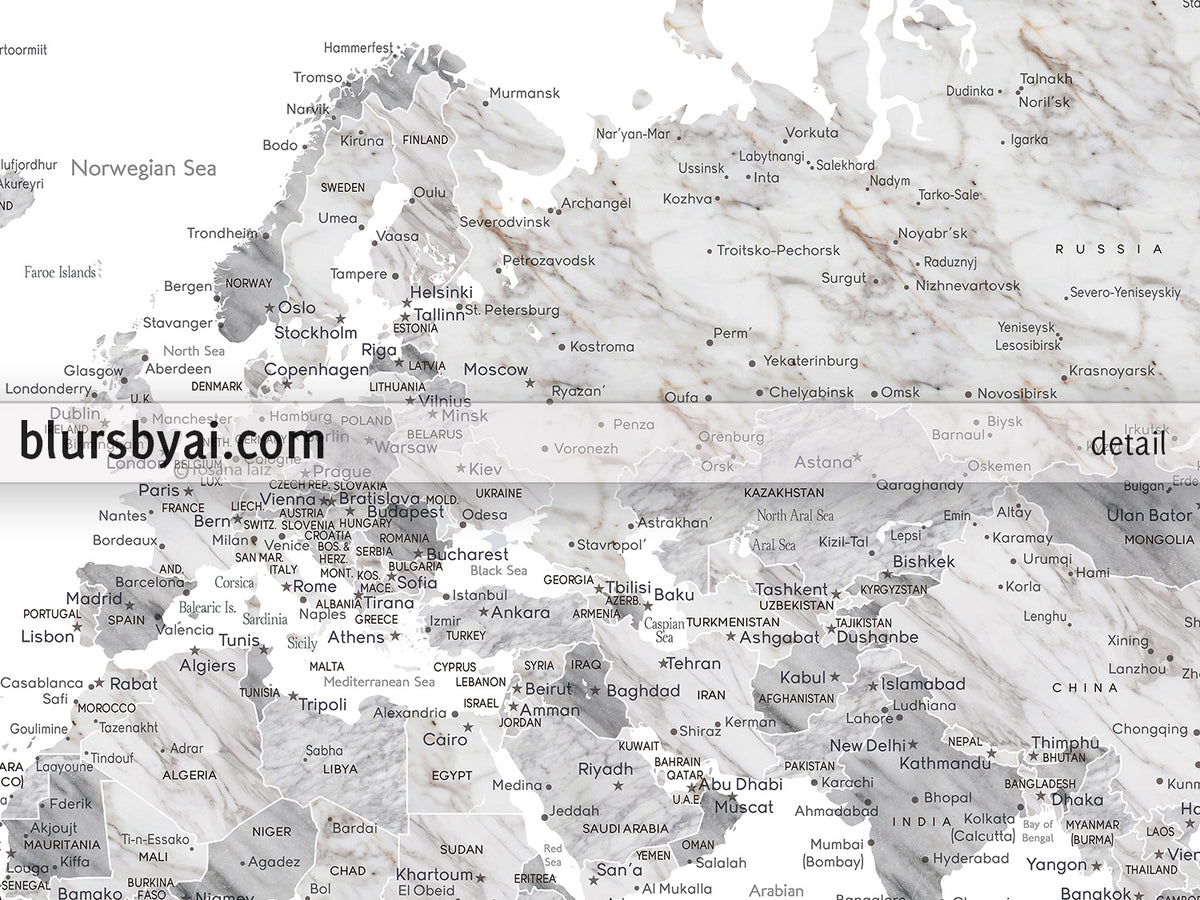 Custom print: marble world map with cities in light grey. "Clare"