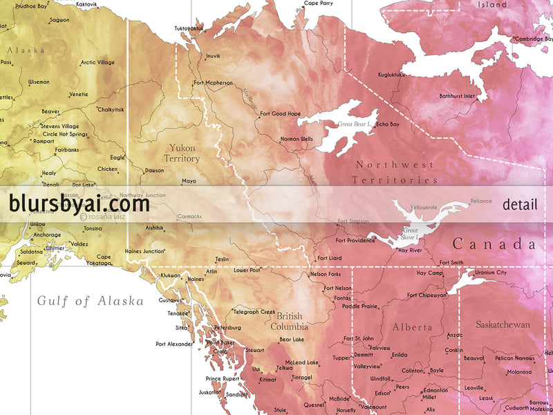 Custom world map print - highly detailed map with cities in colorful watercolor gradient. "Jude"