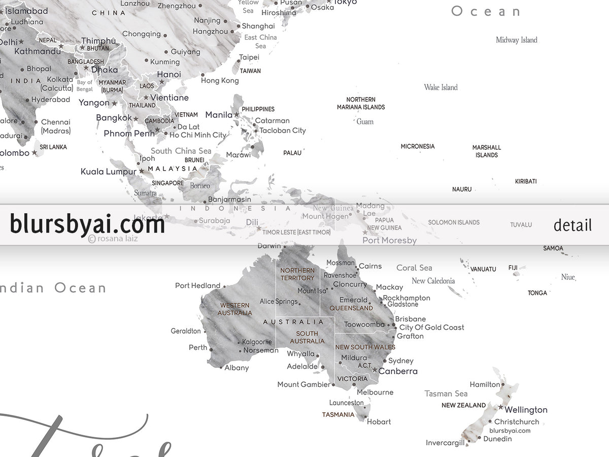 Custom print: marble world map with cities in light grey. "Clare"