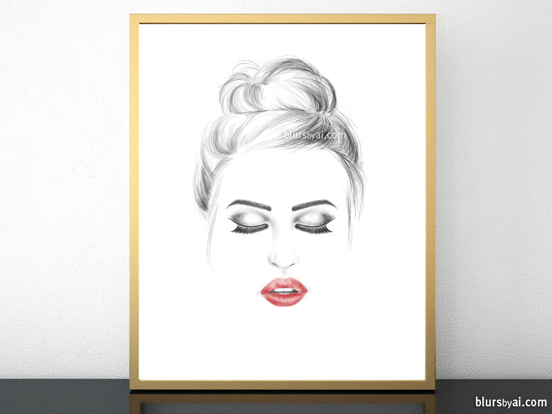 Printable fashion illustration: red lips, messy bun, closed eyes