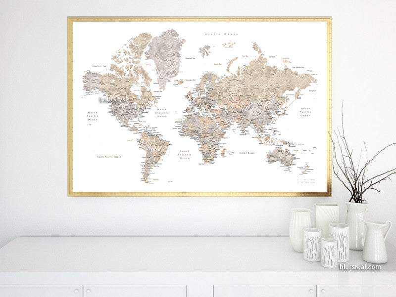 Printable watercolor world map with cities in neutrals, no quote, sizes from 30x20" to 60x40" - For personal use only