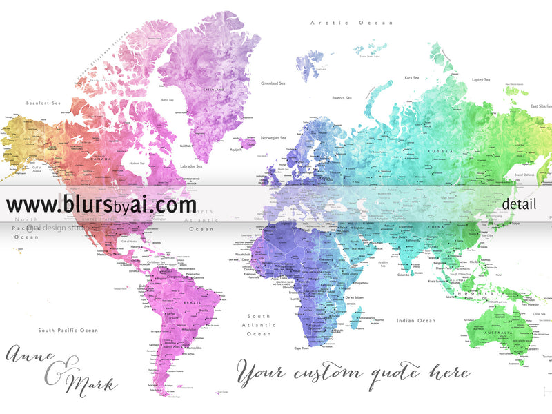 Custom quote - printable colorful gradient watercolor world map with cities, capitals, countries, US States... labeled. Color combination: Jude