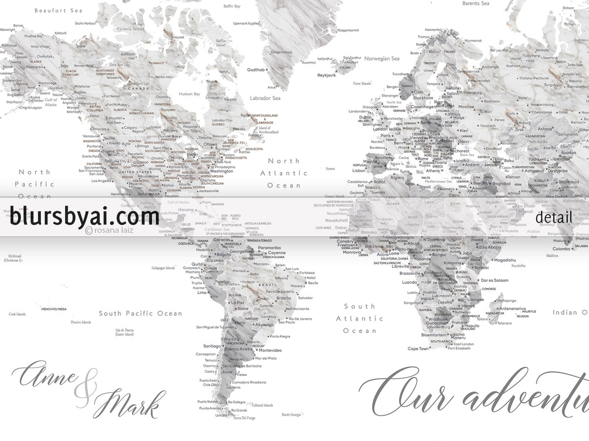 Custom print: marble world map with cities in light grey. "Clare"