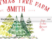 Custom family name art print - watercolor Christmas tree farm print with custom family name