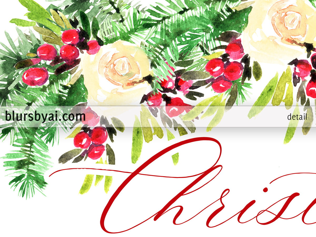 Custom family name art print, watercolor Christmas bouquet