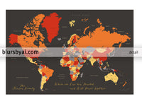 Custom map print: world map with countries and states in orange and red. "Blood oranges"