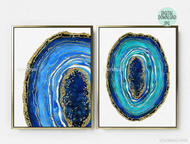 Printable watercolor geode wall art, set of two