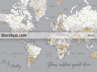 Custom print: marble world map with cities in gray and gold. "Reagan"