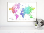 Custom quote - printable colorful gradient watercolor world map with cities, capitals, countries, US States... labeled. Color combination: Jude