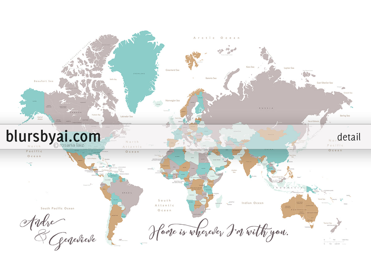 Custom map print: world map with countries & states in gray, camel and teal.