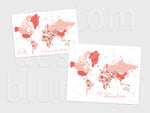 Custom map print: world map with countries and states in coral and taupe.